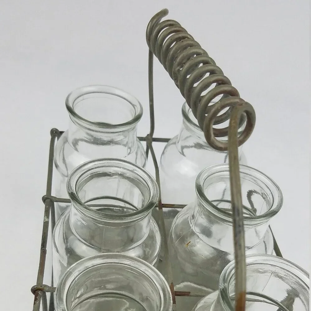 Vtg glass clear‎ bottle holder carry rack metal rustic farmhouse 6 bottles home